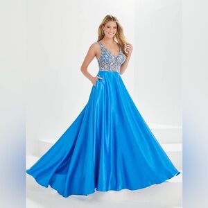Tiffany Designs Blue and Silver Prom Dress